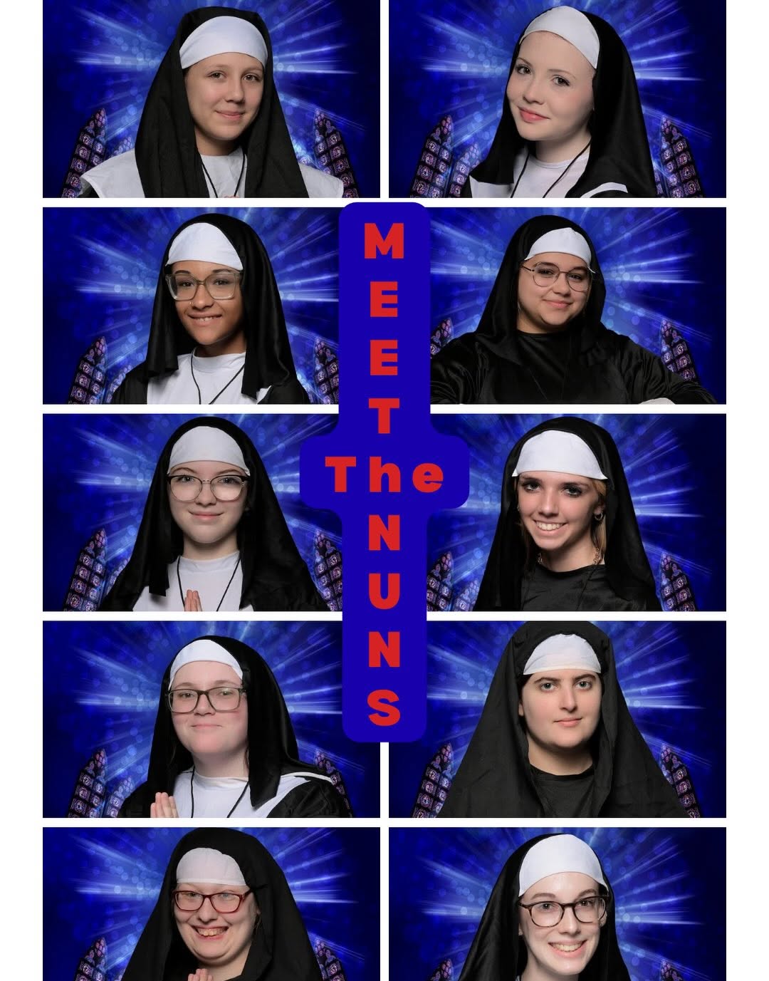 Composite of Sister Act cast members in nun costumes